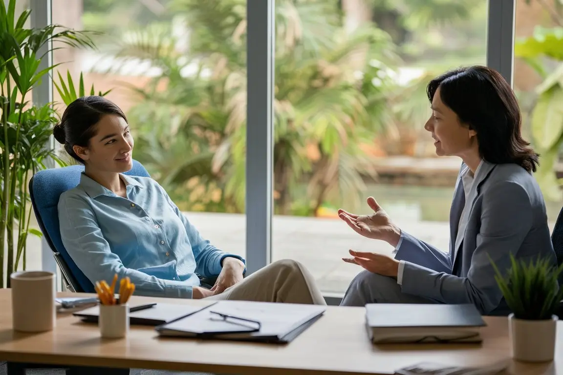 Employee discussing workplace stress management strategies with a professional counselor in a calm office environment.